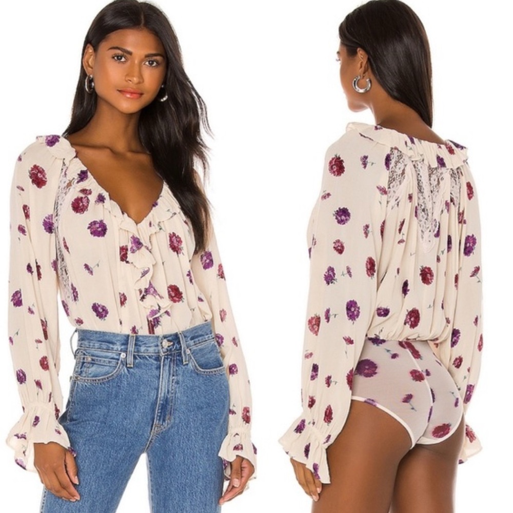 Intimately Free People Poppy Floral Printed Ruffle Lace Bodysuit Size XS NWT!